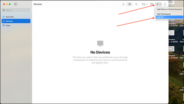 Red arrow to  +, Red arrow to Add PC